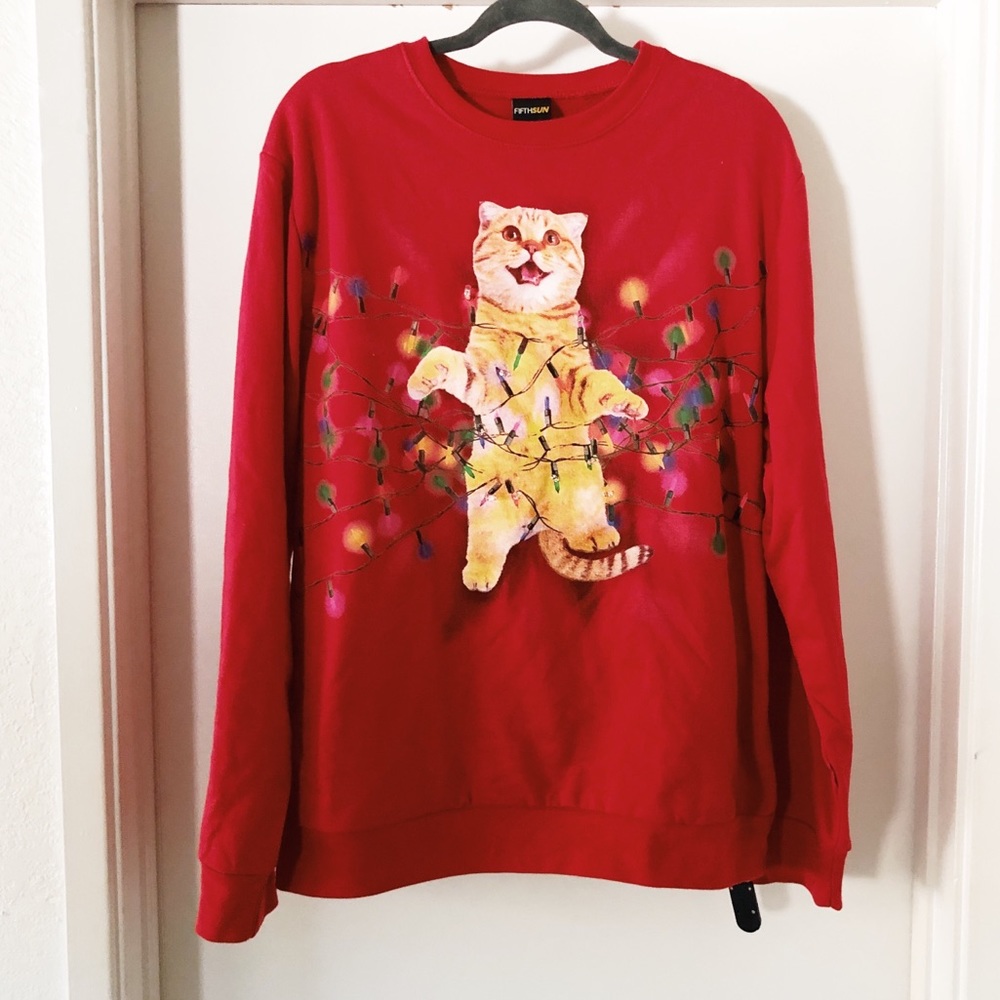 red cat ugly christmas sweater with lights, XL